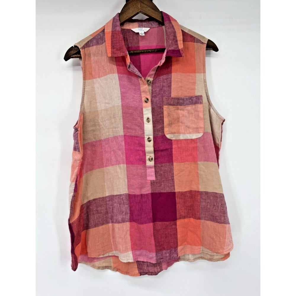 Time and Tru‎ Plaid Linen Sleeveless Button up shirt picnic L Beachy Cottagecore